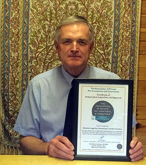 Stephen Mayles Showing APPCC Inspection Certificate for Chestnut Lodge Pet Crematorium